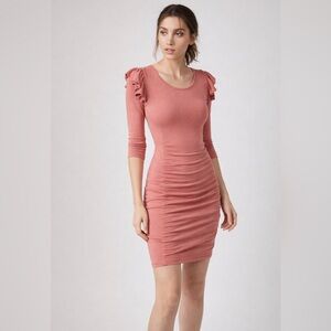 Ruffle Shoulder Ruched Sheath Sweater Dress